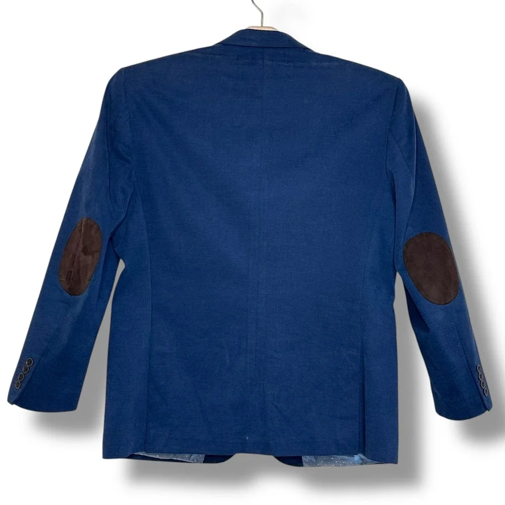 Inserch Mens XL Italy Denim Blue Blazer Jacket Cotton Brown Elbow Patches Preppy